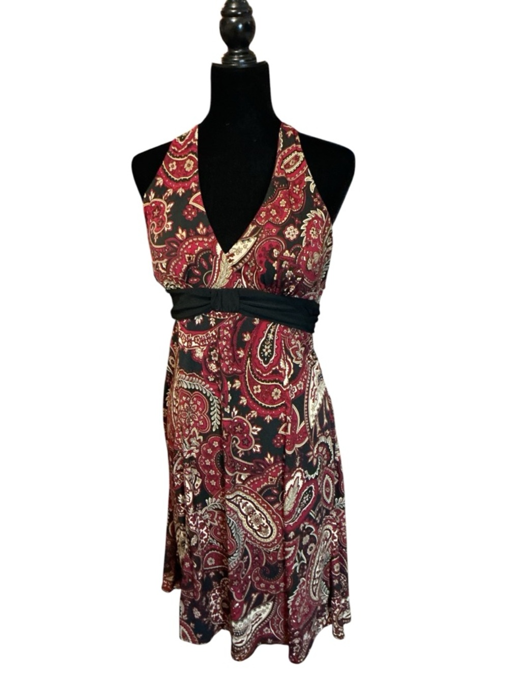R&K Red Black Paisley Backless Halter Dress